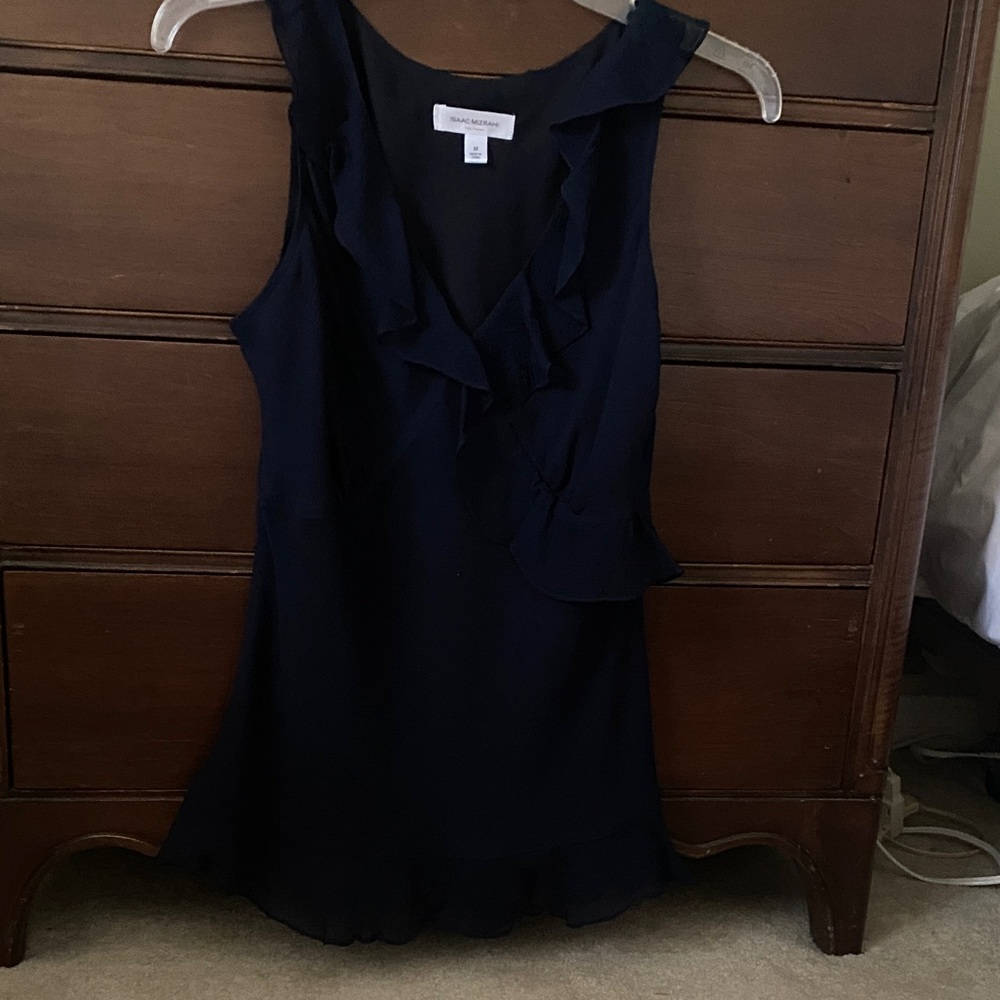Isaac Mizrahi Collection Navy Ruffle V-Neck Silk Top